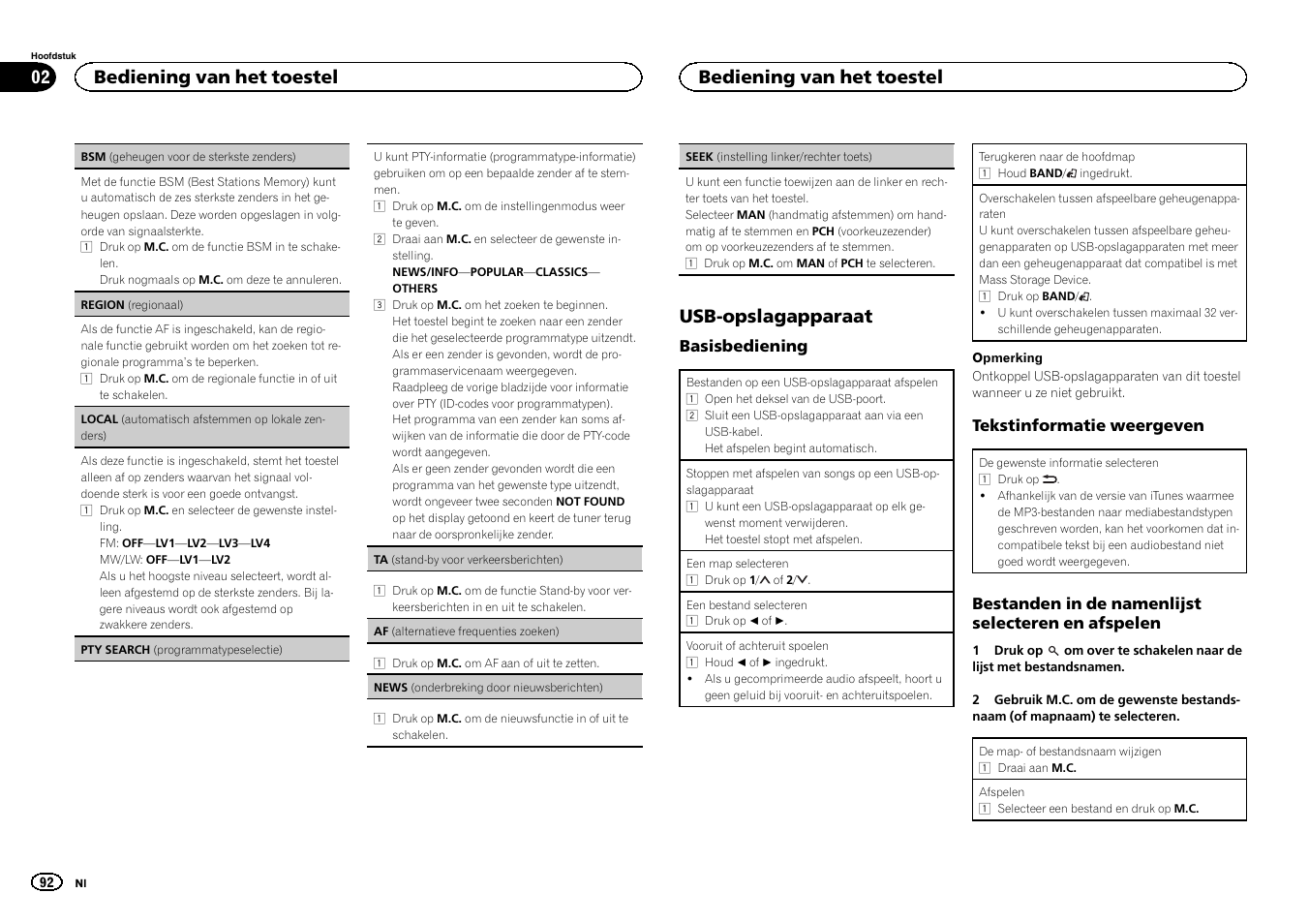 Seek (instelling, Linker/rechter toets) op de volgende bladzijde, Seek (instelling linker | Rechter toets) op de volgende bladzijde, Af (alternatieve frequenties zoe, Ken) op de volgende bladzijde), Usb-opslagapparaat, Bediening van het toestel | Pioneer MVH-1400UB User Manual | Page 92 / 124