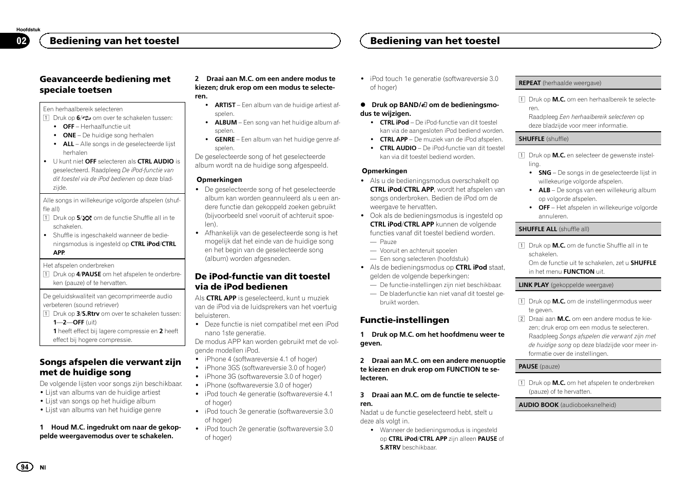 Bediening van het toestel | Pioneer MVH-1400UB User Manual | Page 94 / 124
