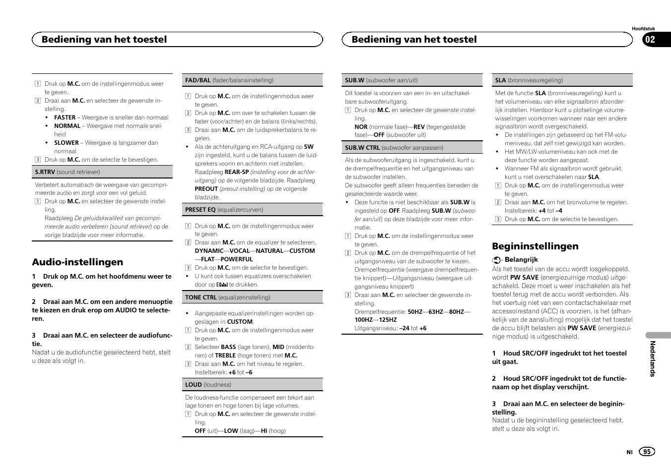 Audio-instellingen, Begininstellingen, Bediening van het toestel | Pioneer MVH-1400UB User Manual | Page 95 / 124