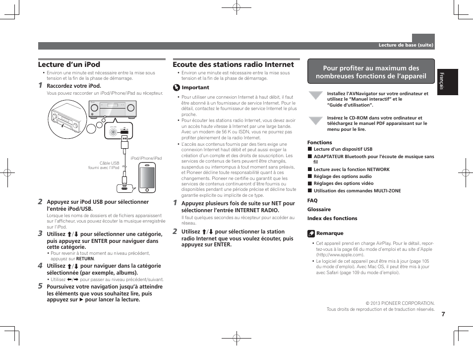 Lecture d’un ipod, Ecoute des stations radio internet | Pioneer SC-LX87-S User Manual | Page 13 / 48