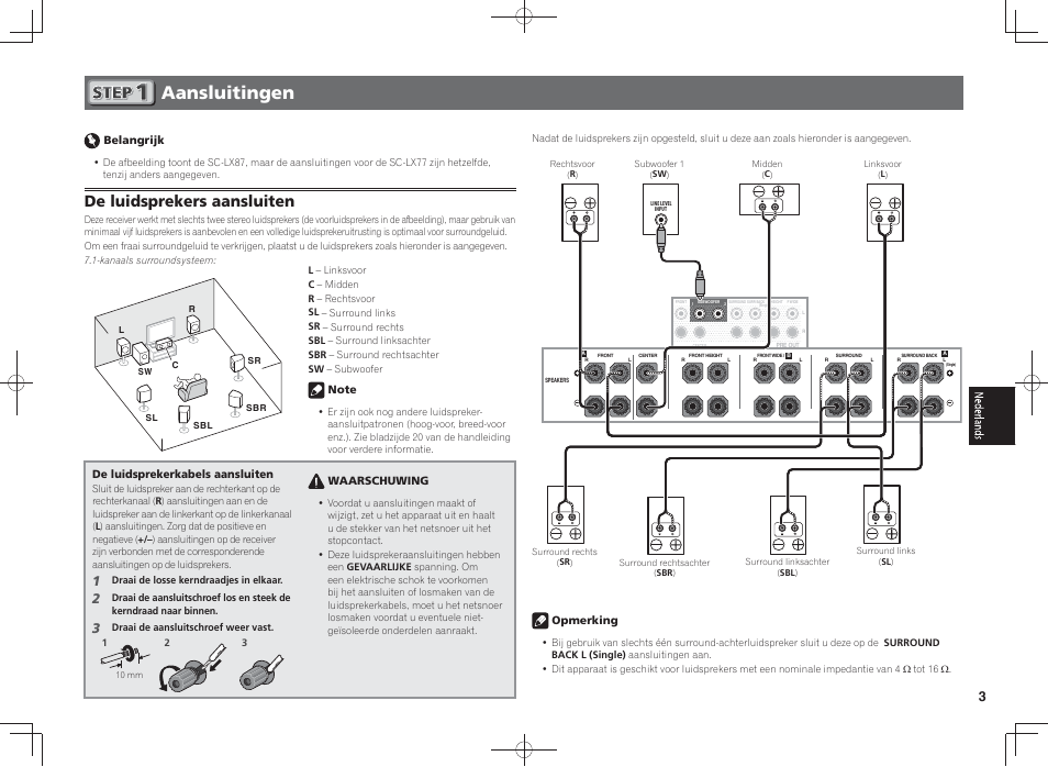 Aansluitingen, De luidsprekers aansluiten | Pioneer SC-LX87-S User Manual | Page 27 / 48