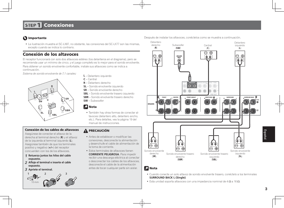 Conexiones, Conexión de los altavoces | Pioneer SC-LX87-S User Manual | Page 33 / 48