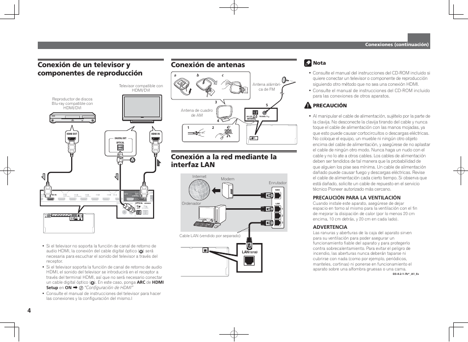 Conexión de antenas antenna am loop fm unbal 75, Conexión a la red mediante la interfaz lan | Pioneer SC-LX87-S User Manual | Page 34 / 48