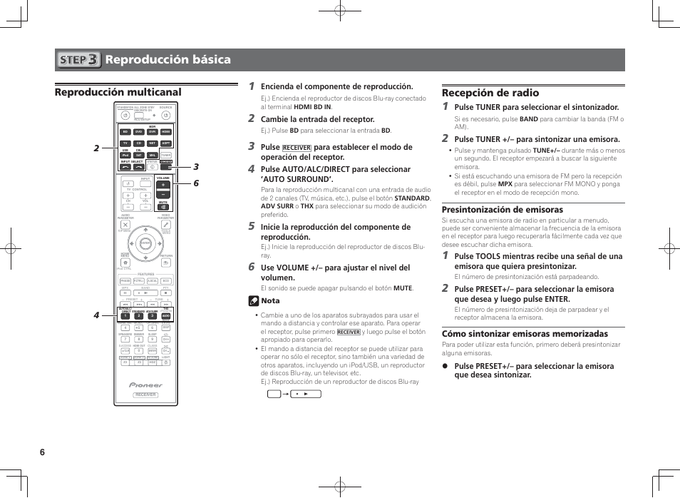 Ð1doqnctbbh¹mða¨rhb, Reproducción multicanal, Recepción de radio | Presintonización de emisoras, Encienda el componente de reproducción, Cambie la entrada del receptor, Pulse, Para establecer el modo de operación del receptor, Use volume +/– para ajustar el nivel del volumen, Pulse tuner para seleccionar el sintonizador | Pioneer SC-LX87-S User Manual | Page 36 / 48