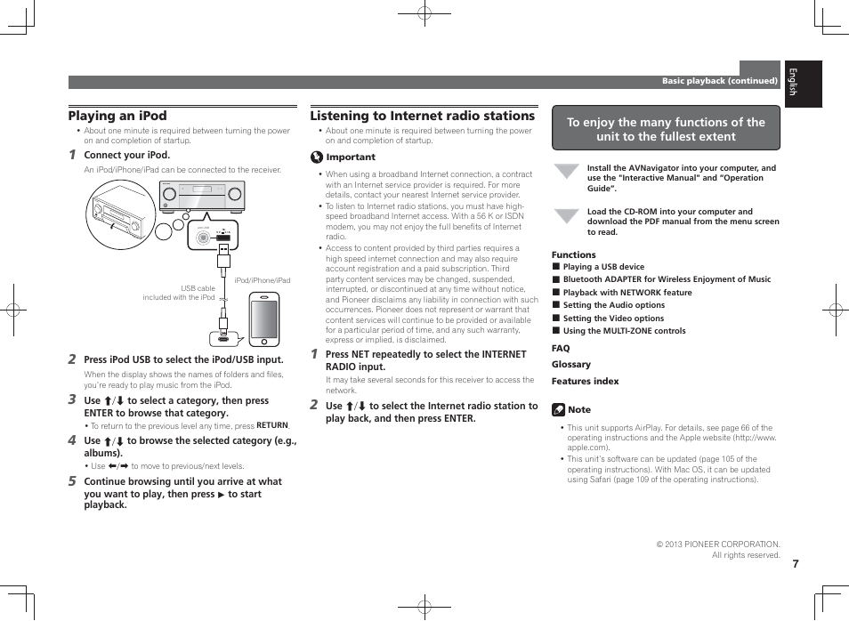 Playing an ipod, Listening to internet radio stations | Pioneer SC-LX87-S User Manual | Page 7 / 48