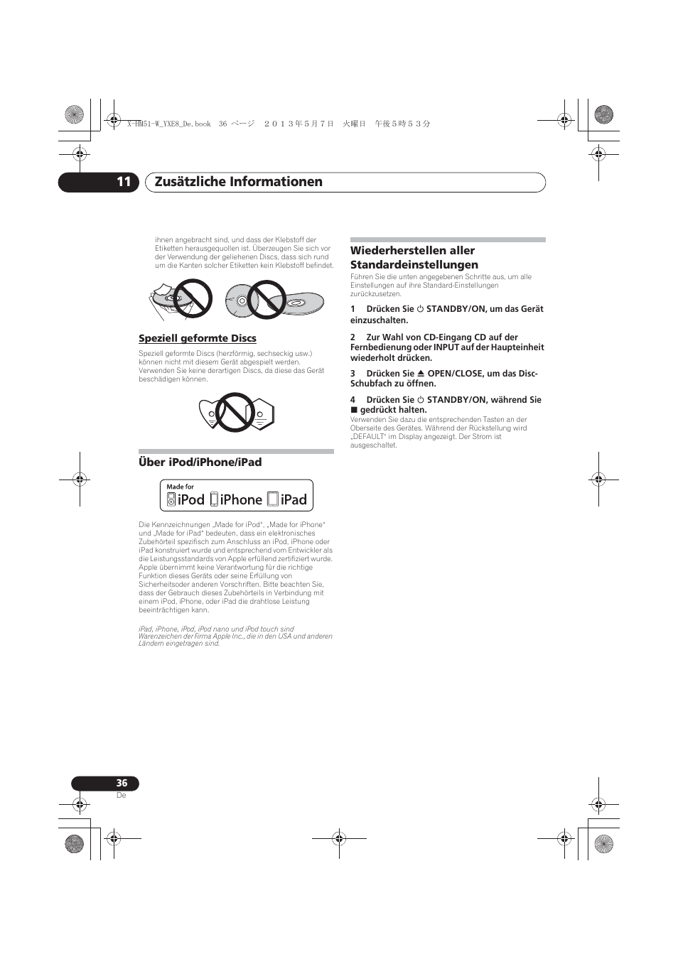 Speziell geformte discs, Über ipod/iphone/ipad, Wiederherstellen aller standardeinstellungen | Zusätzliche informationen 11 | Pioneer X-HM51-W User Manual | Page 108 / 220