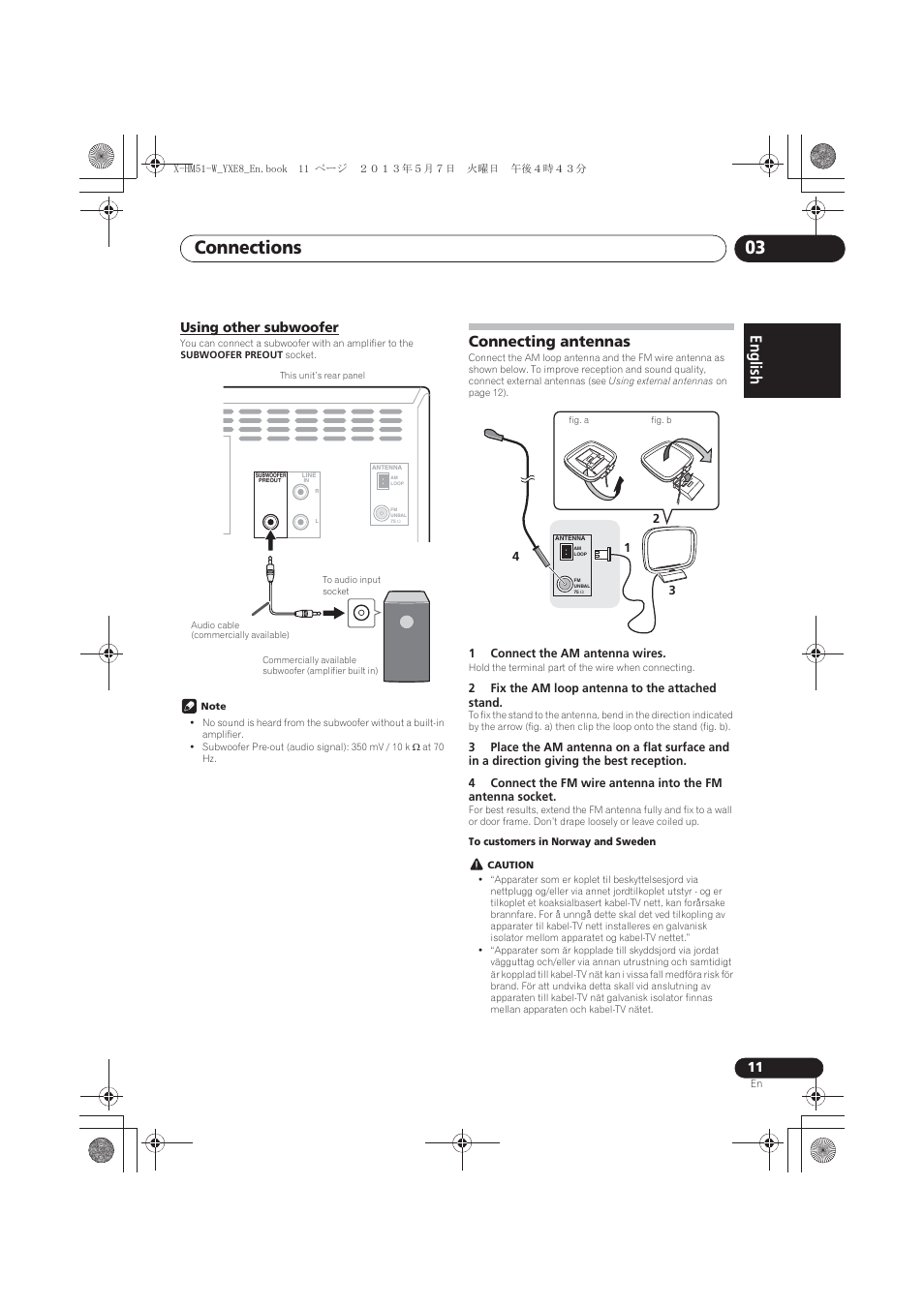Using other subwoofer, Connecting antennas, Connections 03 | English français español | Pioneer X-HM51-W User Manual | Page 11 / 220