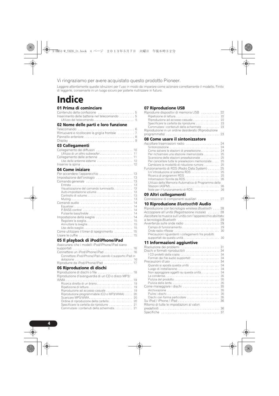 Istruzioni per l’uso, Indice | Pioneer X-HM51-W User Manual | Page 112 / 220
