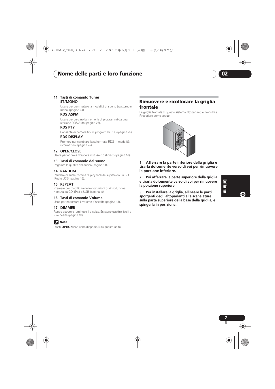 Rimuovere e ricollocare la griglia frontale, Nome delle parti e loro funzione 02 | Pioneer X-HM51-W User Manual | Page 115 / 220