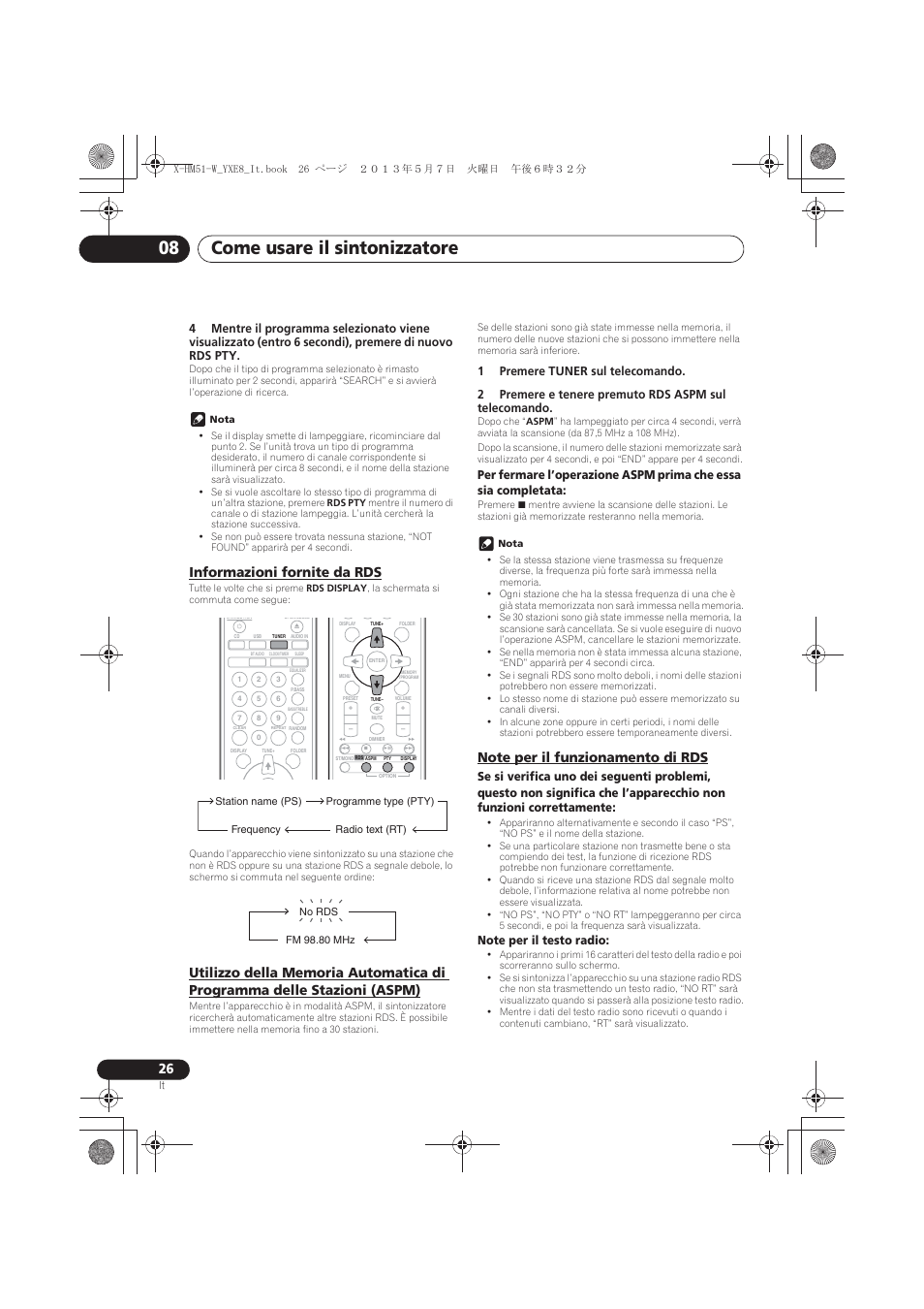 Informazioni fornite da rds, Stazioni (aspm), Note per il funzionamento di rds | Come usare il sintonizzatore 08 | Pioneer X-HM51-W User Manual | Page 134 / 220