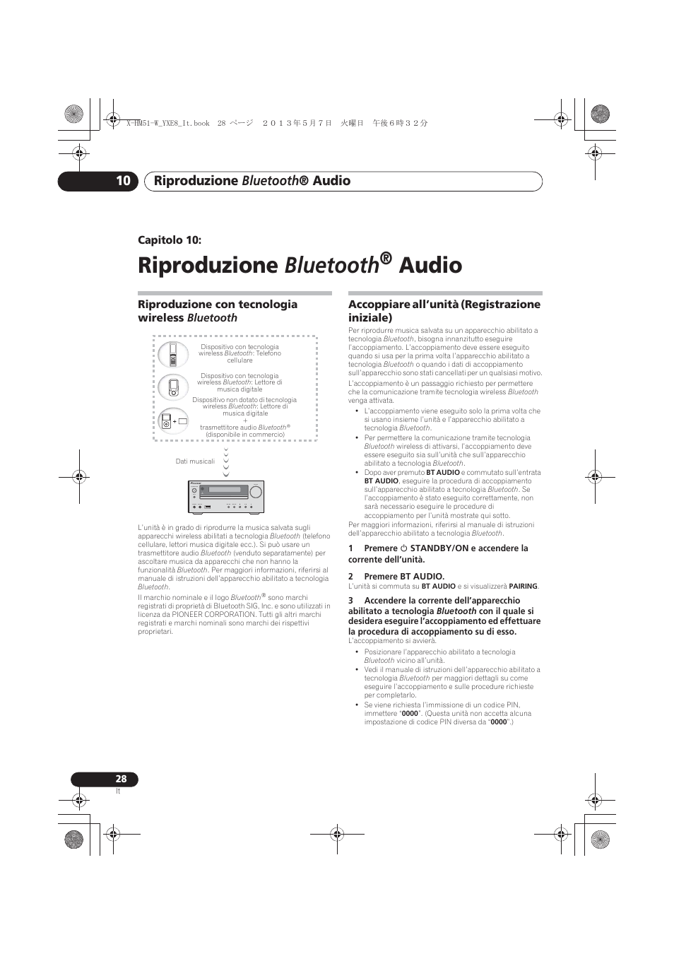 10 riproduzione bluetooth ® audio, Riproduzione con tecnologia wireless bluetooth, Accoppiare all’unità (registrazione iniziale) | Riproduzione bluetooth, Audio, Riproduzione bluetooth ® audio, Capitolo 10 | Pioneer X-HM51-W User Manual | Page 136 / 220