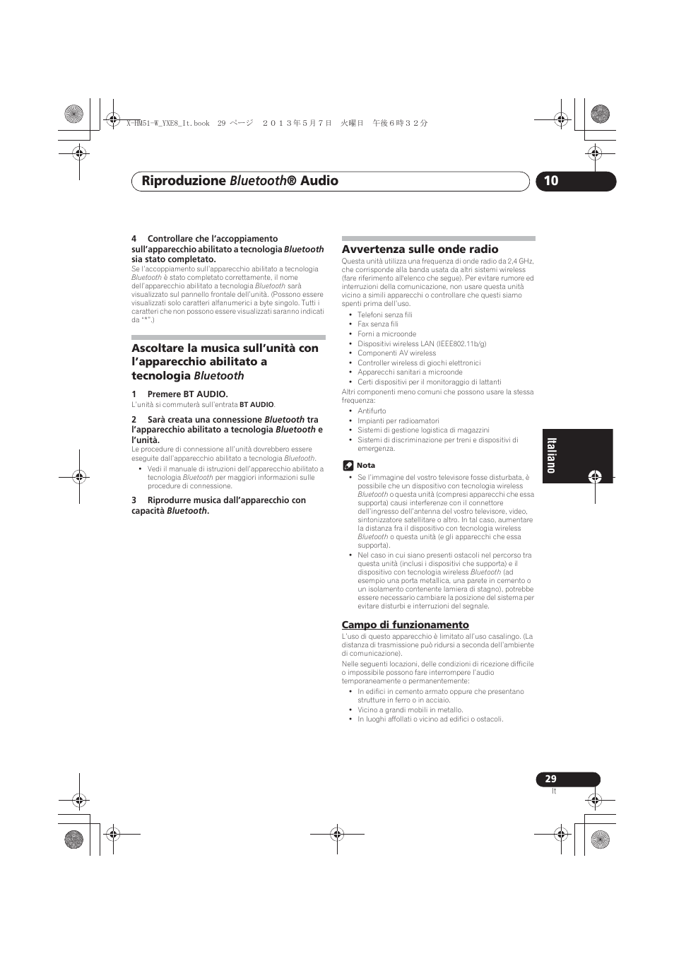 A tecnologia bluetooth, Avvertenza sulle onde radio, Campo di funzionamento | Riproduzione bluetooth ® audio | Pioneer X-HM51-W User Manual | Page 137 / 220