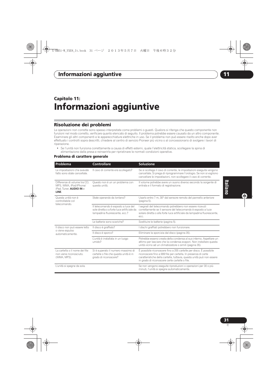 11 informazioni aggiuntive, Risoluzione dei problemi, Informazioni aggiuntive | Informazioni aggiuntive 11, Capitolo 11 | Pioneer X-HM51-W User Manual | Page 139 / 220