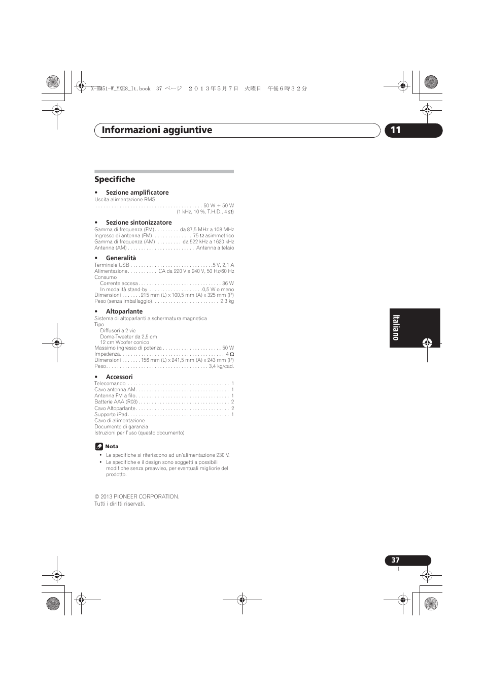 Specifiche, Informazioni aggiuntive 11 | Pioneer X-HM51-W User Manual | Page 145 / 220
