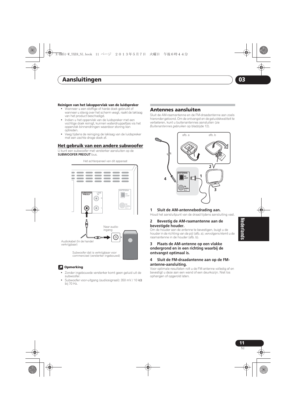 Het gebruik van een andere subwoofer, Antennes aansluiten, Aansluitingen 03 | Pioneer X-HM51-W User Manual | Page 155 / 220