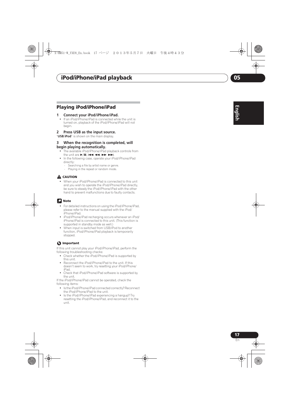 Playing ipod/iphone/ipad, Ipod/iphone/ipad playback 05, English français español | Pioneer X-HM51-W User Manual | Page 17 / 220