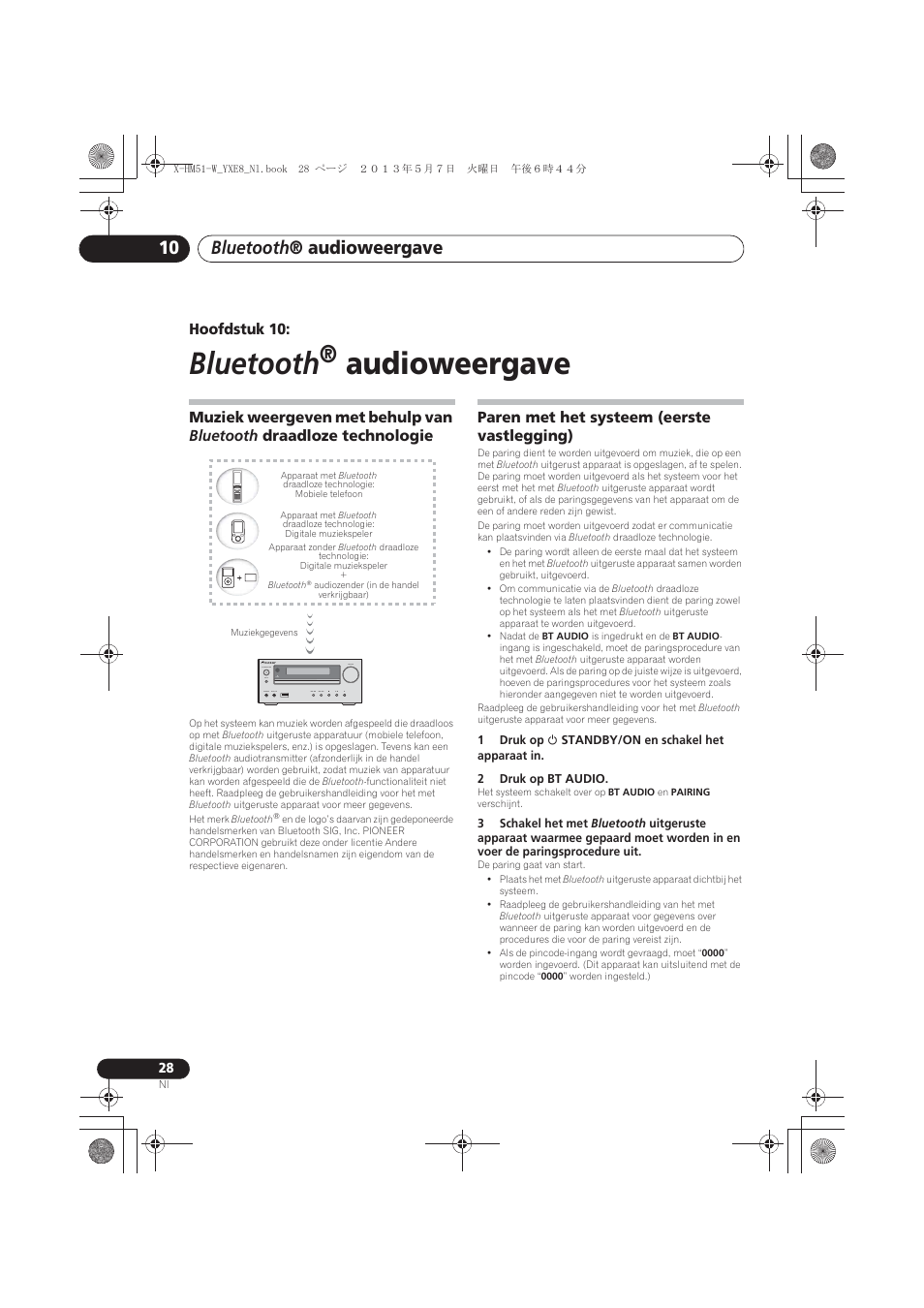 10 bluetooth ® audioweergave, Technologie, Paren met het systeem (eerste vastlegging) | Bluetooth, Audioweergave, Bluetooth ® audioweergave, Hoofdstuk 10 | Pioneer X-HM51-W User Manual | Page 172 / 220