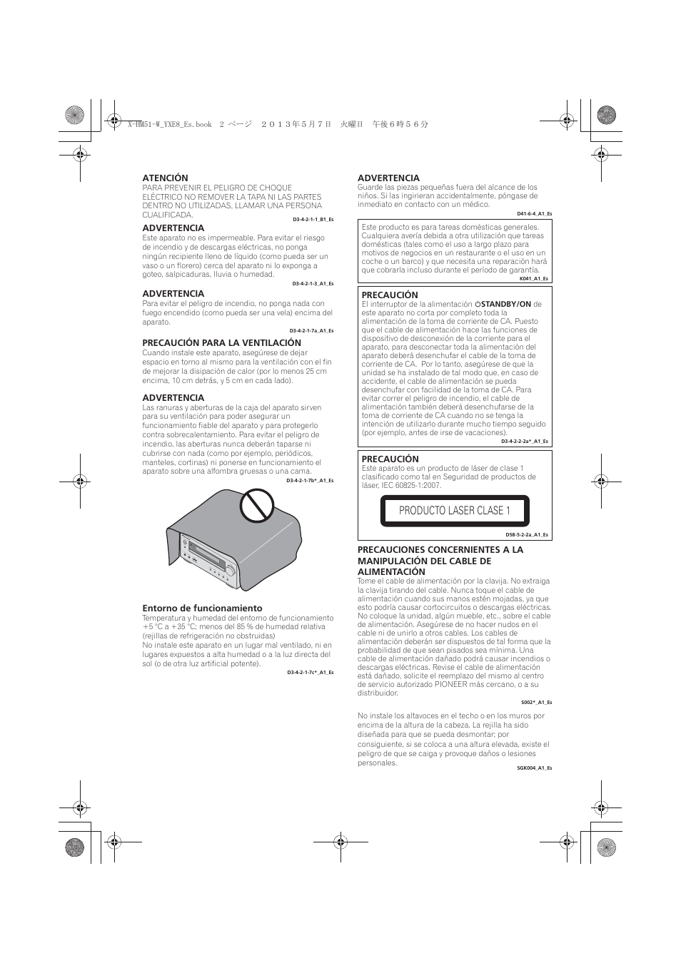 Producto laser clase 1 | Pioneer X-HM51-W User Manual | Page 182 / 220