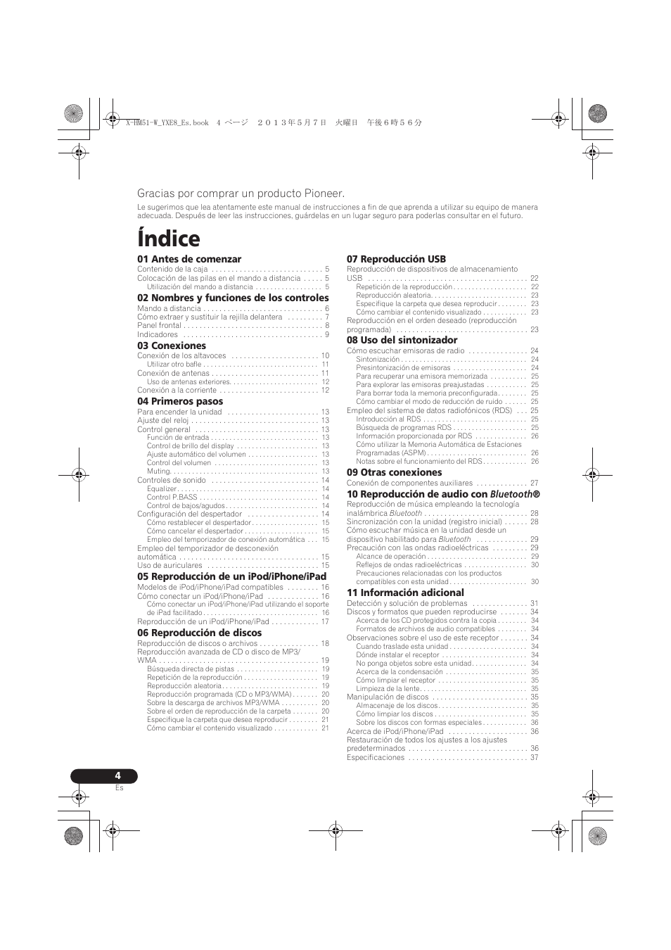 Manual de instrucciones, Índice, Gracias por comprar un producto pioneer | Pioneer X-HM51-W User Manual | Page 184 / 220