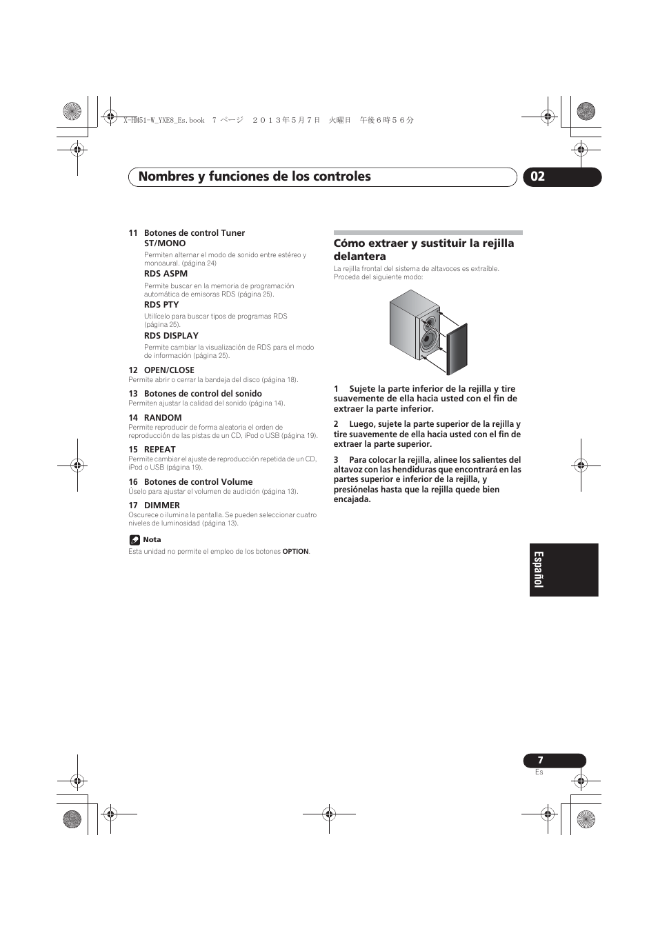 Cómo extraer y sustituir la rejilla delantera, Nombres y funciones de los controles 02 | Pioneer X-HM51-W User Manual | Page 187 / 220