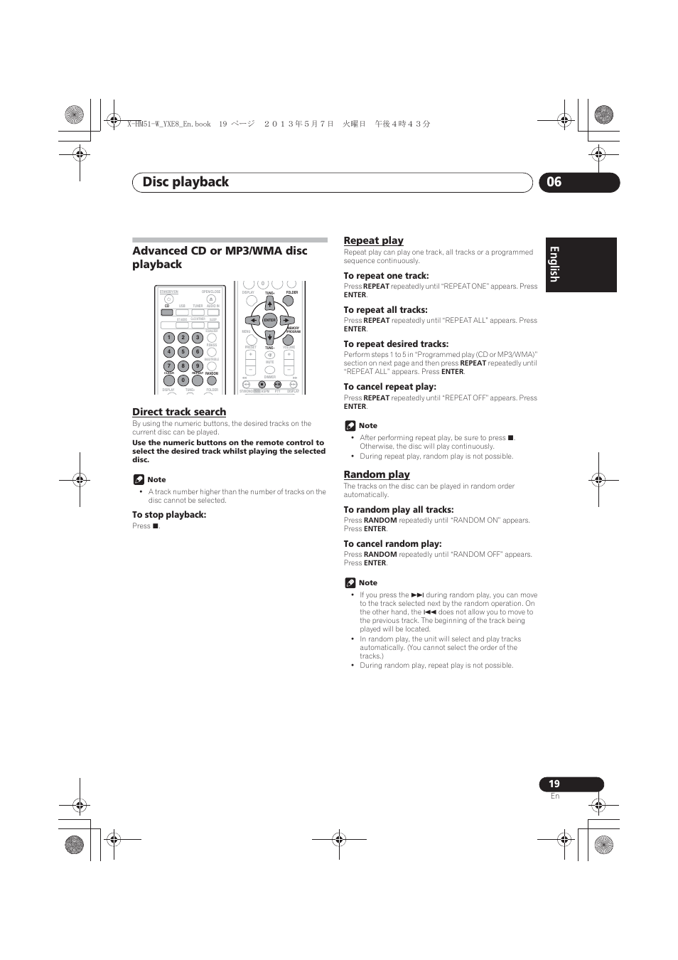 Advanced cd or mp3/wma disc playback, Direct track search, Repeat play | Random play, Disc playback 06, English français español | Pioneer X-HM51-W User Manual | Page 19 / 220