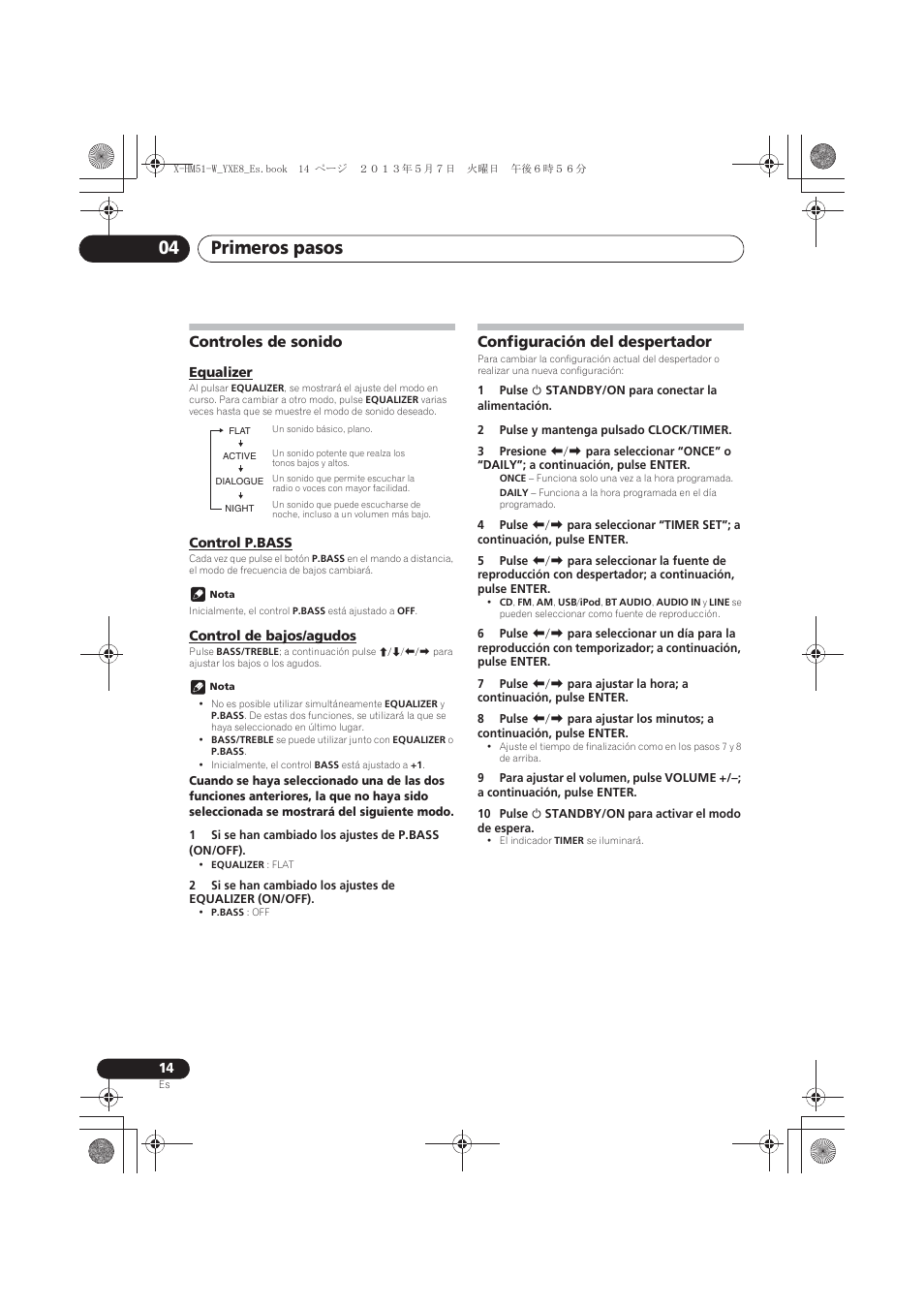 Controles de sonido, Equalizer, Control p.bass | Control de bajos/agudos, Configuración del despertador, Primeros pasos 04 | Pioneer X-HM51-W User Manual | Page 194 / 220