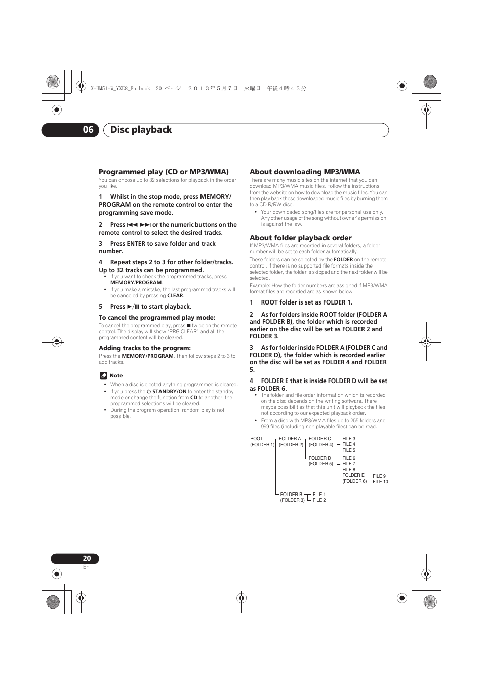 Programmed play (cd or mp3/wma), About downloading mp3/wma, About folder playback order | Disc playback 06 | Pioneer X-HM51-W User Manual | Page 20 / 220