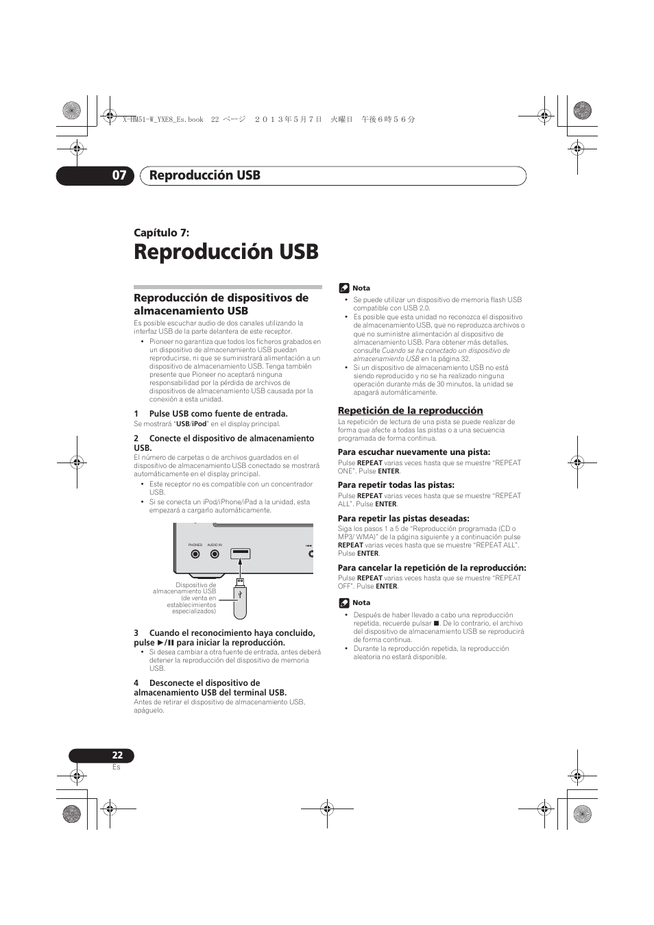 07 reproducción usb, Reproducción de dispositivos de almacenamiento, Repetición de la reproducción | Reproducción usb, Reproducción usb 07, Capítulo 7, Reproducción de dispositivos de almacenamiento usb | Pioneer X-HM51-W User Manual | Page 202 / 220