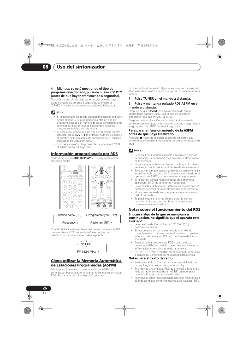 Información proporcionada por rds, Cómo utilizar la memoria automática de estaciones, Programadas (aspm) | Notas sobre el funcionamiento del rds, Uso del sintonizador 08 | Pioneer X-HM51-W User Manual | Page 206 / 220