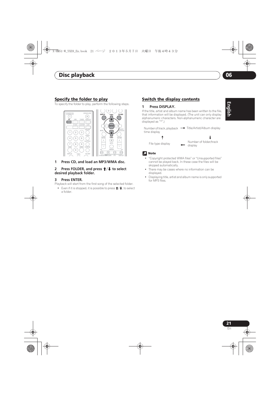 Specify the folder to play, Switch the display contents, Disc playback 06 | English français español, 1press display | Pioneer X-HM51-W User Manual | Page 21 / 220