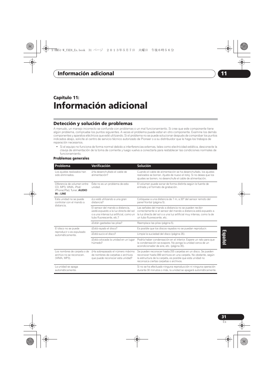 11 información adicional, Detección y solución de problemas, Información adicional | Información adicional 11, Capítulo 11 | Pioneer X-HM51-W User Manual | Page 211 / 220
