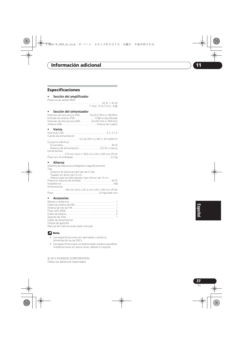 Especificaciones, Información adicional 11 | Pioneer X-HM51-W User Manual | Page 217 / 220