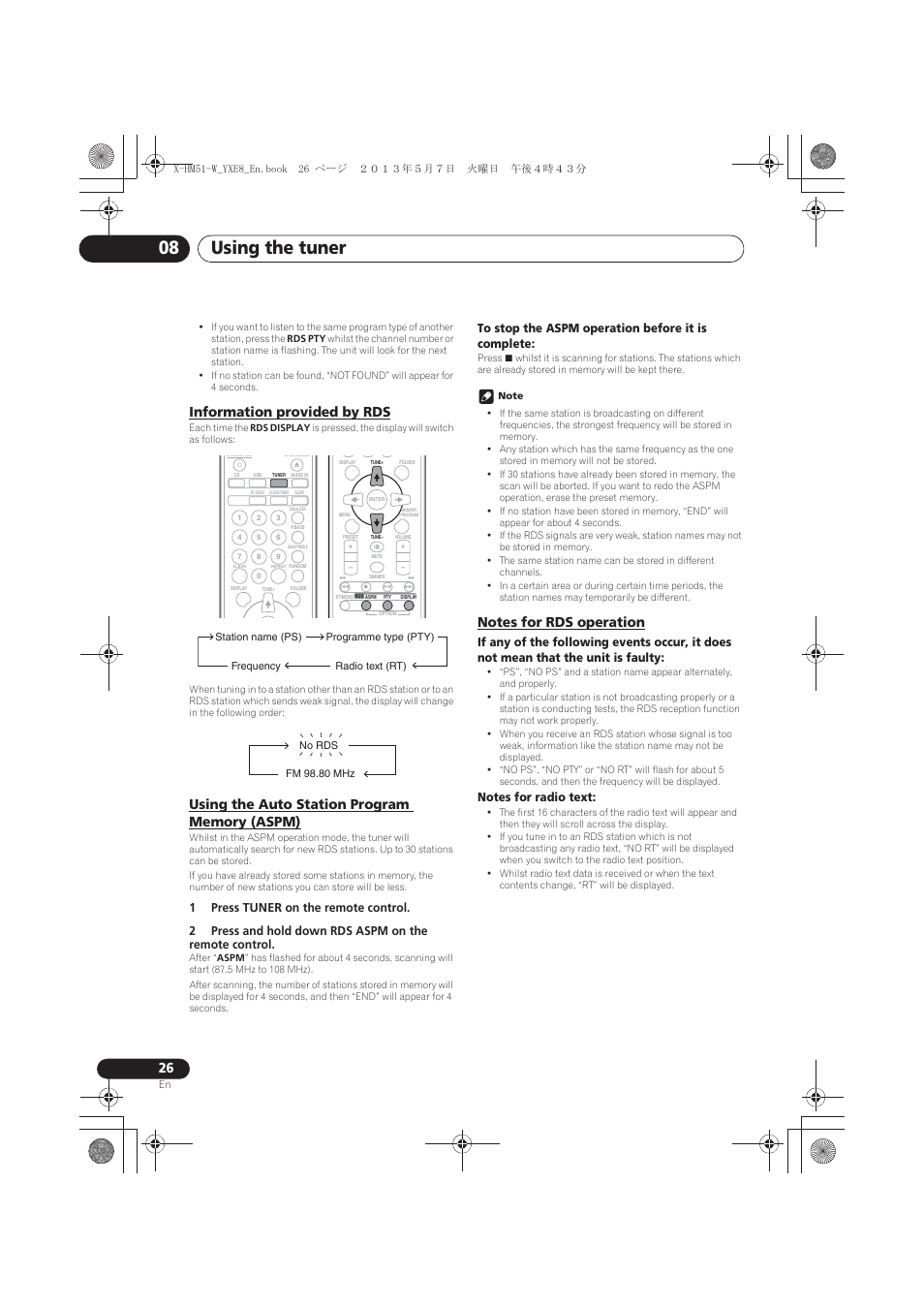 Information provided by rds, Using the auto station program memory (aspm), Notes for rds operation | Using the tuner 08 | Pioneer X-HM51-W User Manual | Page 26 / 220