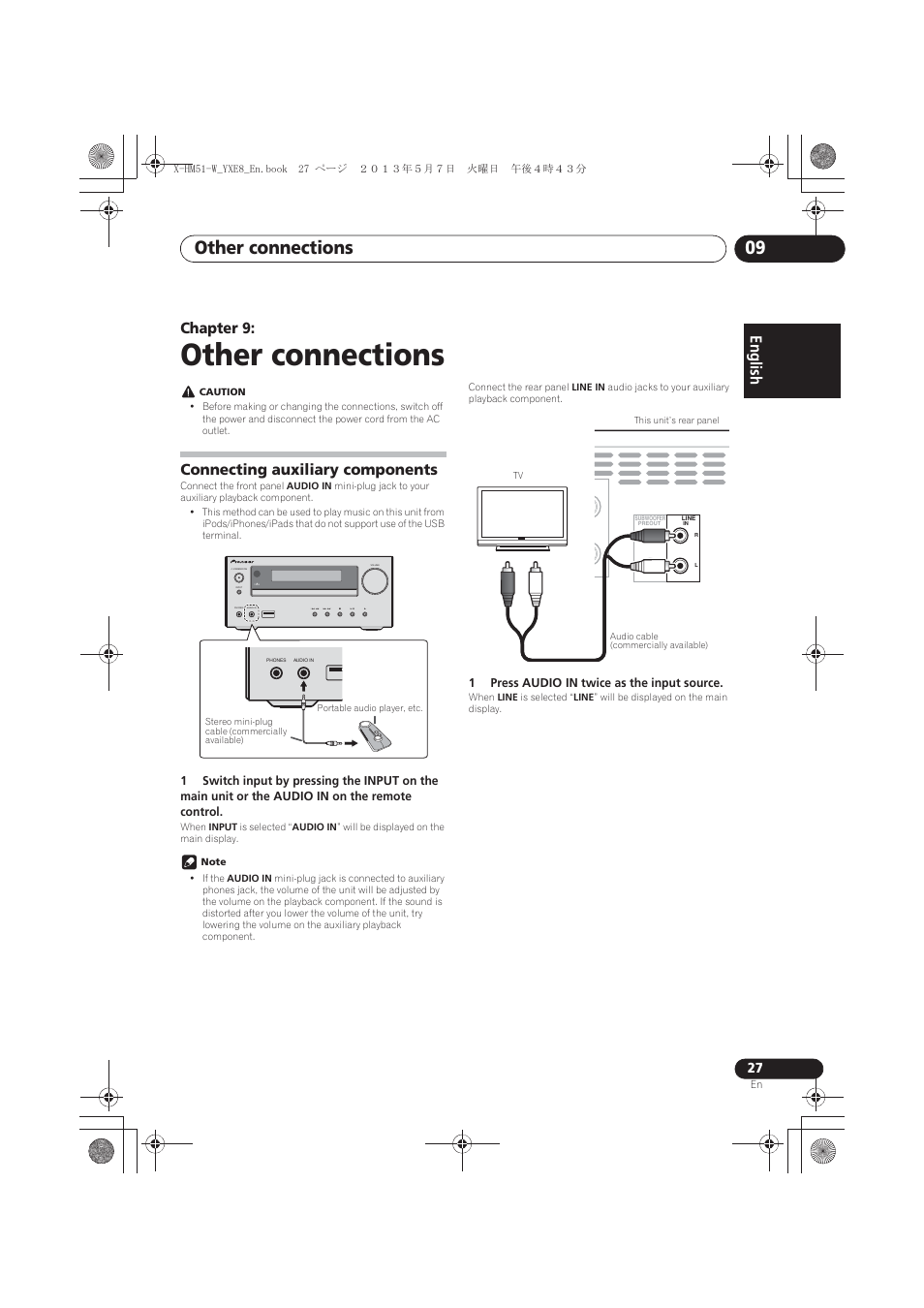 09 other connections, Connecting auxiliary components, Other connections | Other connections 09, English français español, Chapter 9, Timer | Pioneer X-HM51-W User Manual | Page 27 / 220