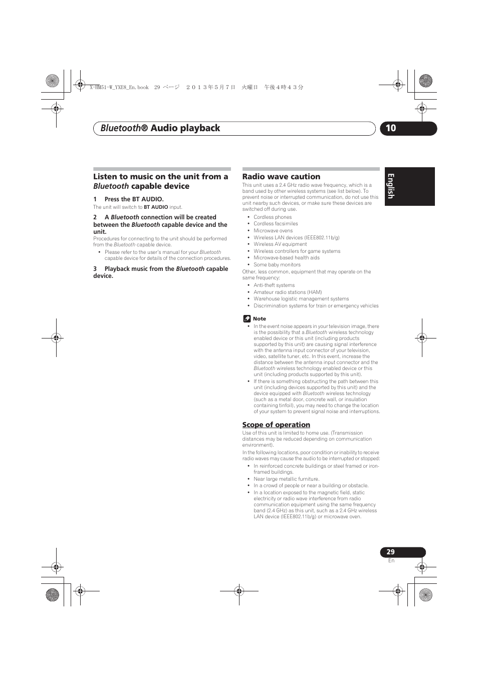 Device, Radio wave caution, Scope of operation | Bluetooth ® audio playback, English français español | Pioneer X-HM51-W User Manual | Page 29 / 220