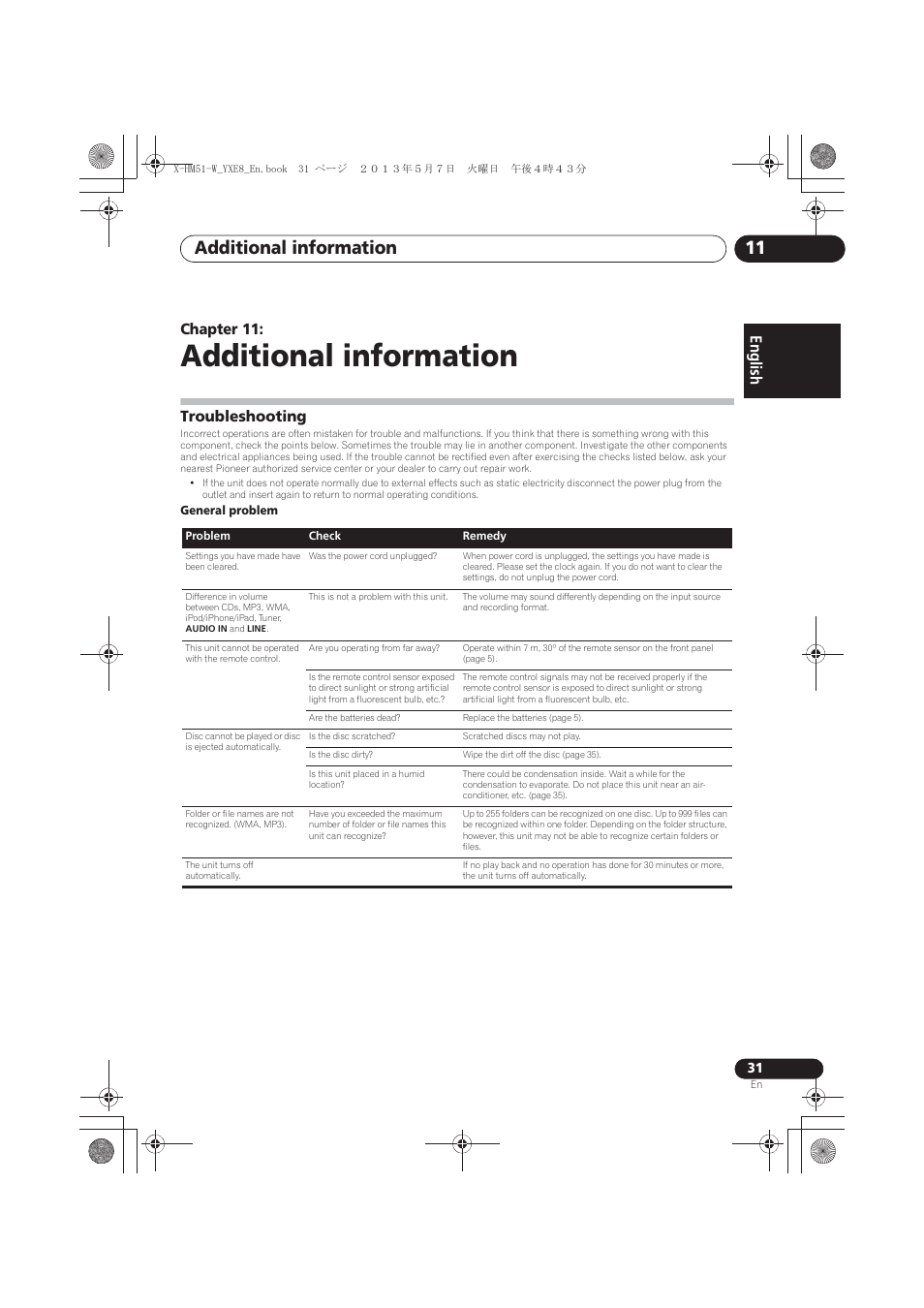 11 additional information, Troubleshooting, Additional information | Additional information 11, English français español, Chapter 11 | Pioneer X-HM51-W User Manual | Page 31 / 220