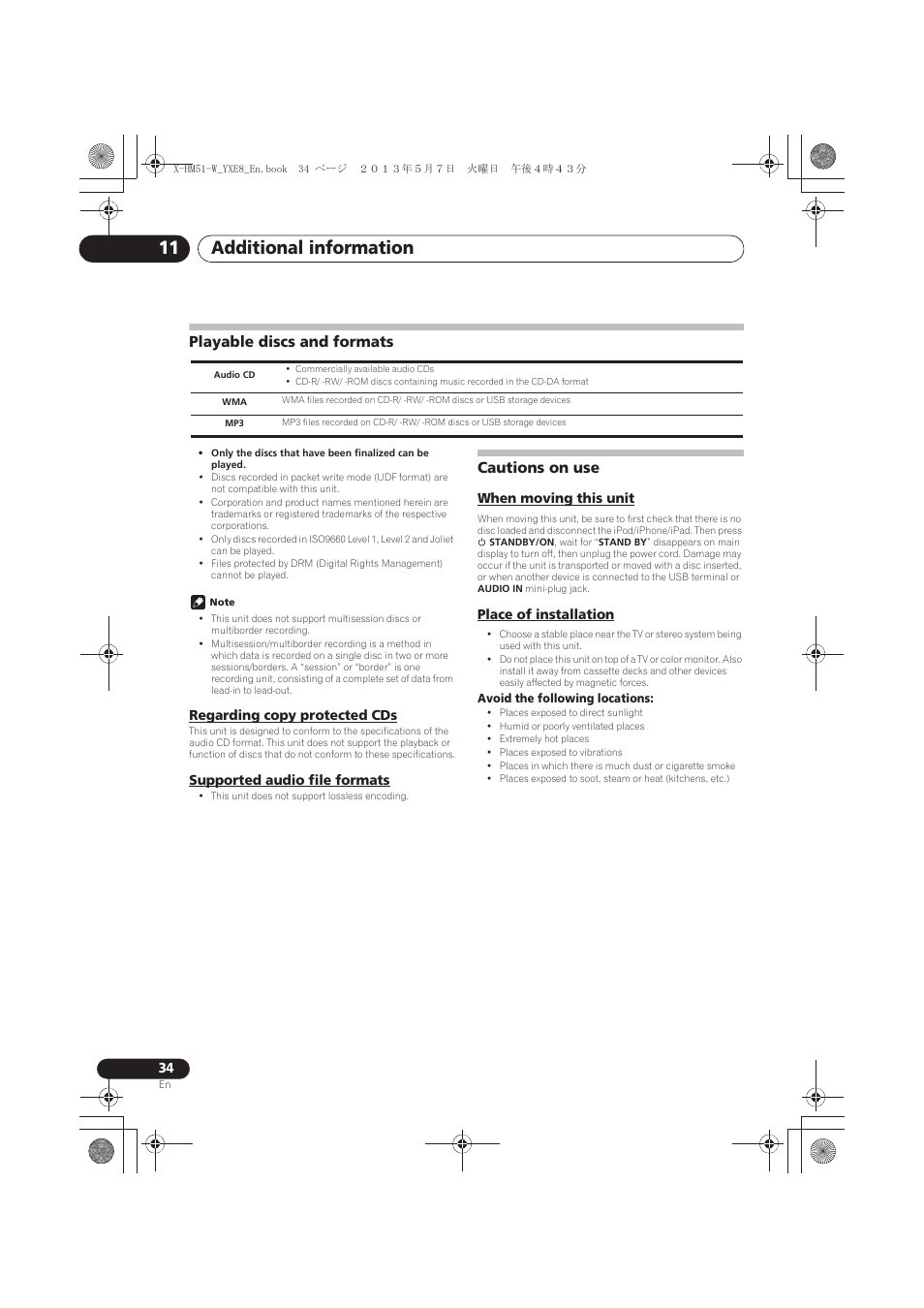 Playable discs and formats, Regarding copy protected cds, Supported audio file formats | Cautions on use, When moving this unit, Place of installation, Additional information 11 | Pioneer X-HM51-W User Manual | Page 34 / 220