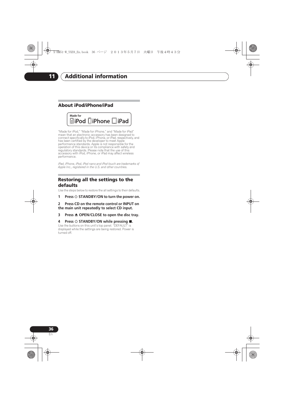 About ipod/iphone/ipad, Restoring all the settings to the defaults, Additional information 11 | Pioneer X-HM51-W User Manual | Page 36 / 220