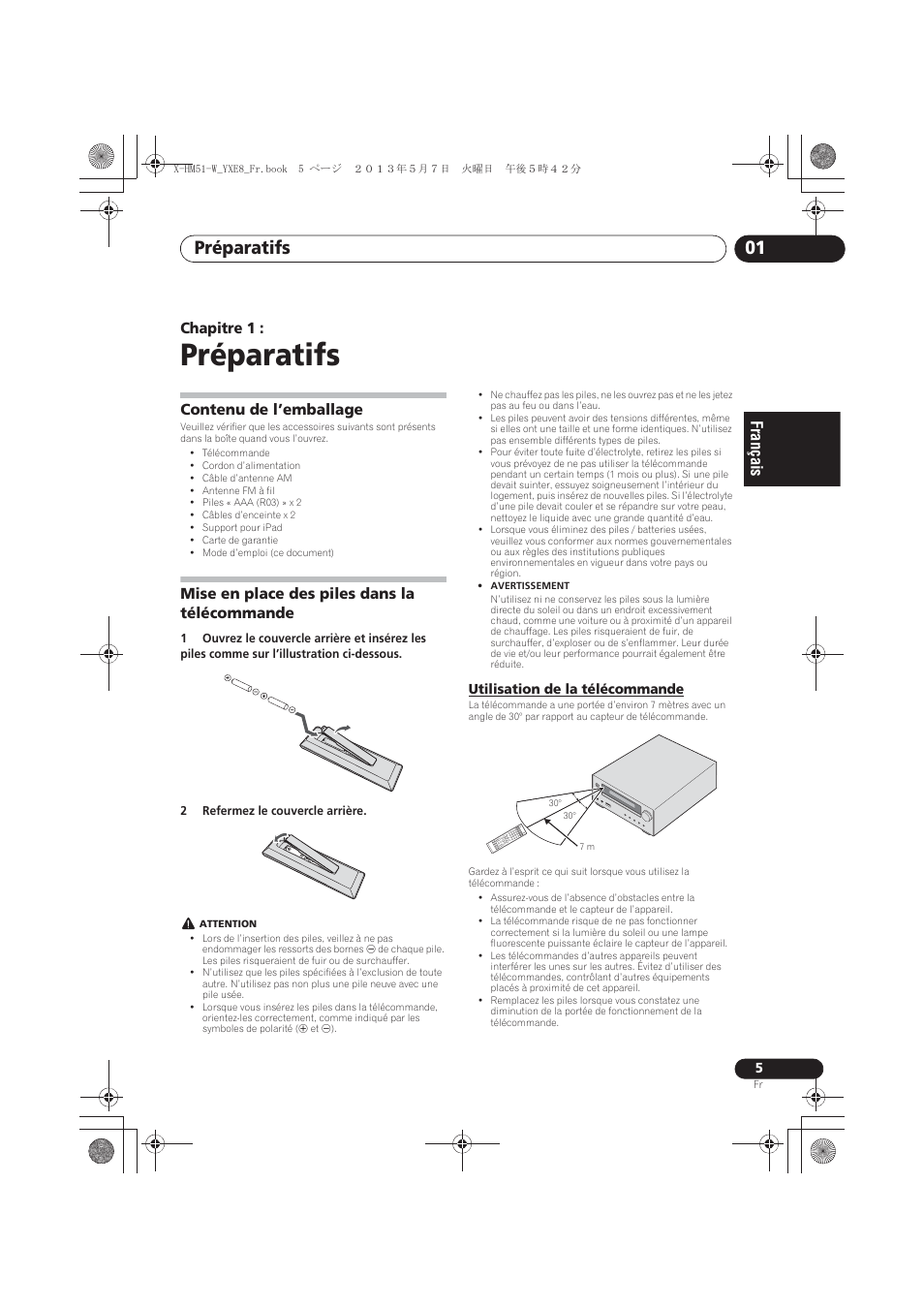 01 préparatifs, Contenu de l’emballage, Mise en place des piles dans la télécommande | Utilisation de la télécommande, Préparatifs, Préparatifs 01, Chapitre 1 | Pioneer X-HM51-W User Manual | Page 41 / 220