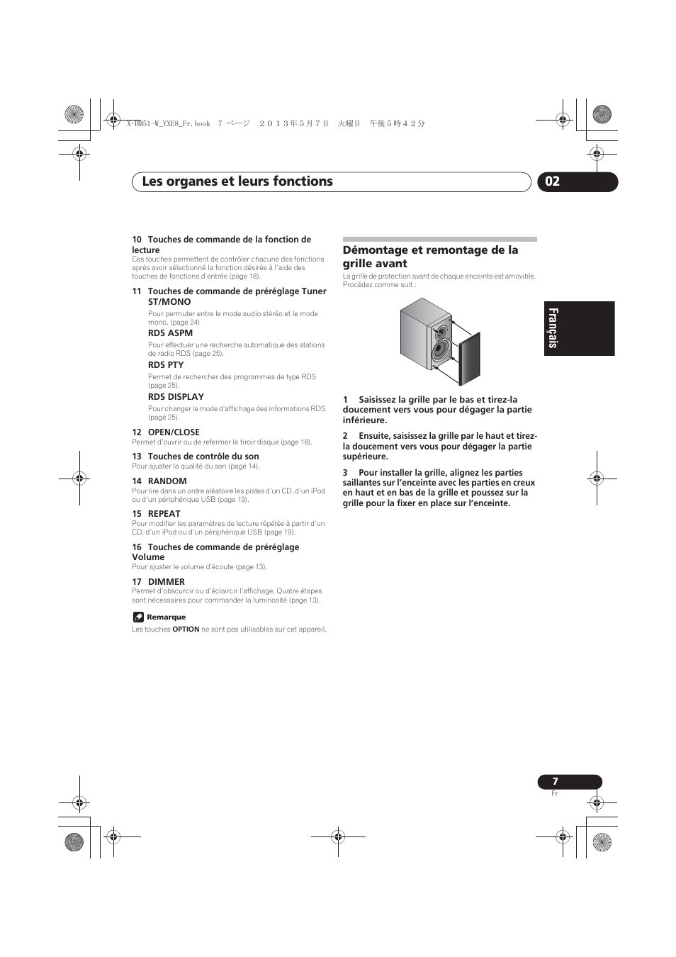 Démontage et remontage de la grille avant, Les organes et leurs fonctions 02 | Pioneer X-HM51-W User Manual | Page 43 / 220