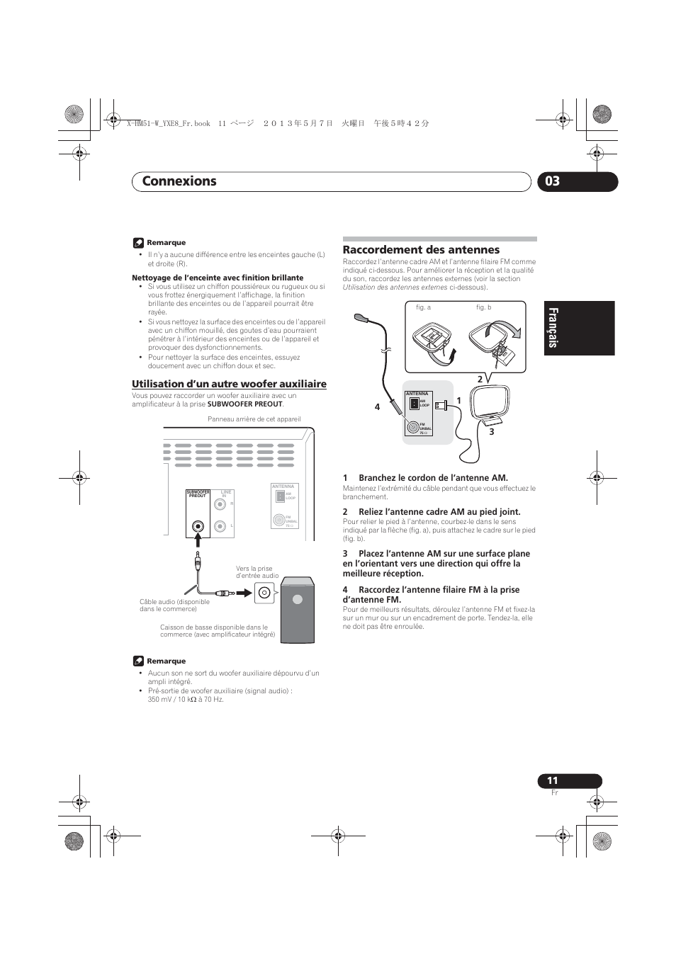 Utilisation d’un autre woofer auxiliaire, Raccordement des antennes, Connexions 03 | Pioneer X-HM51-W User Manual | Page 47 / 220