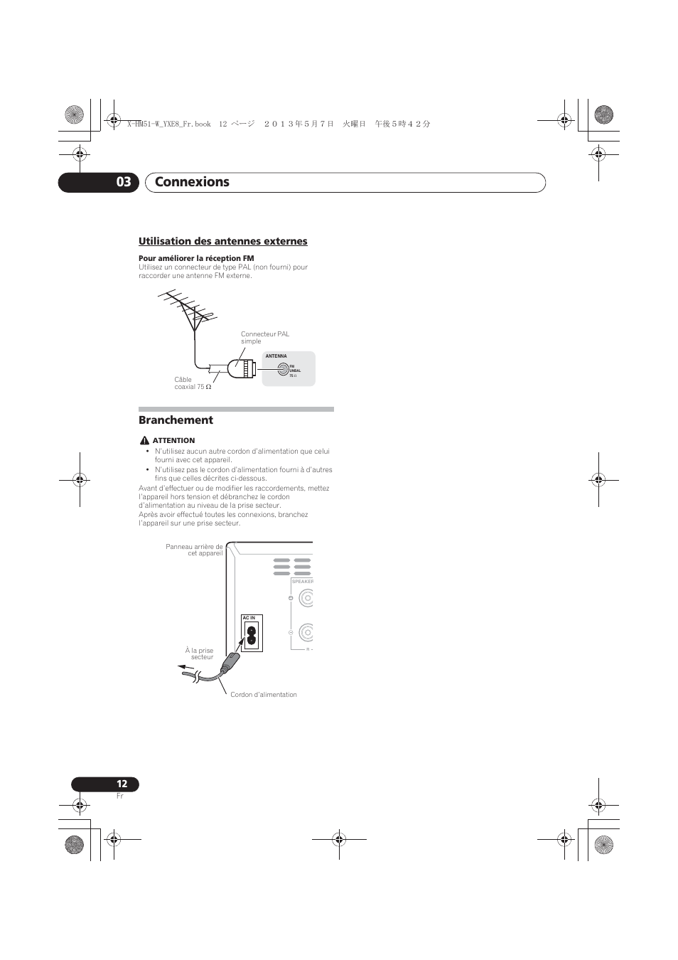 Utilisation des antennes externes, Branchement, Connexions 03 | Pioneer X-HM51-W User Manual | Page 48 / 220