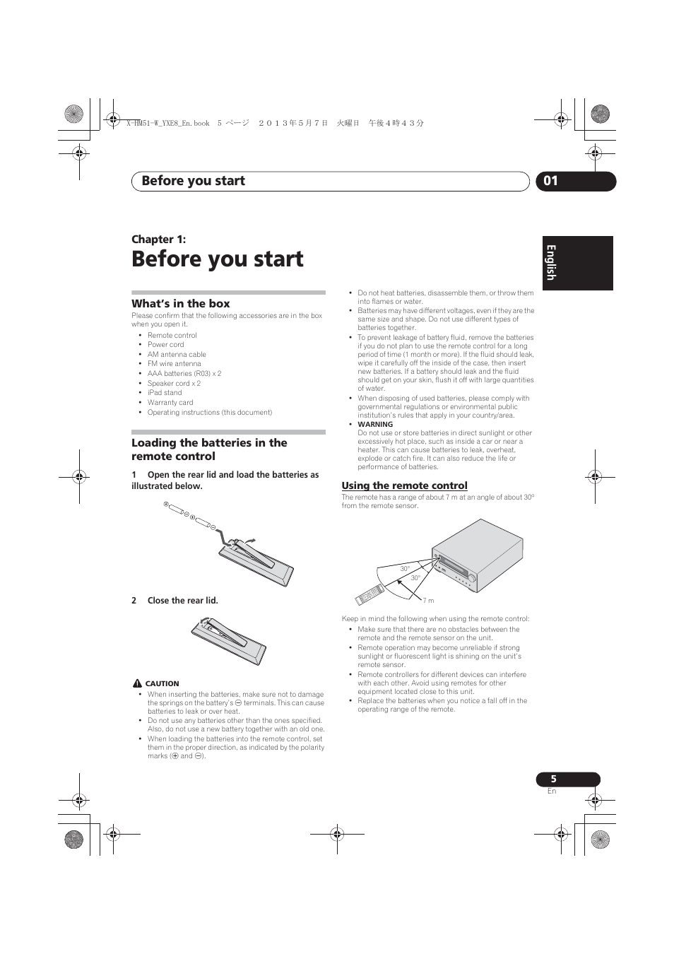 01 before you start, What’s in the box, Loading the batteries in the remote control | Using the remote control, Before you start, Before you start 01, English français español, Chapter 1 | Pioneer X-HM51-W User Manual | Page 5 / 220