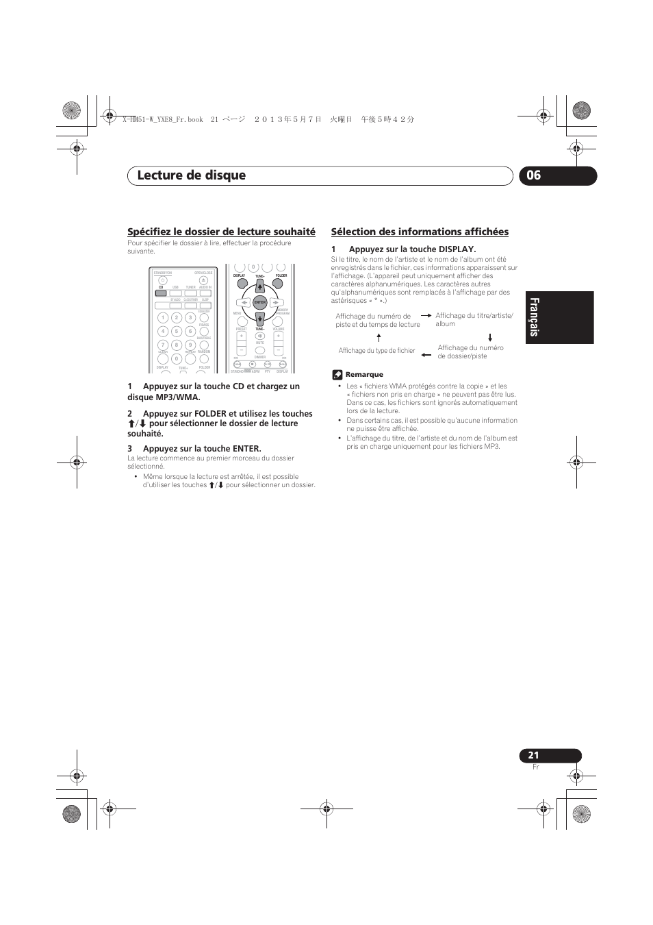 Spécifiez le dossier de lecture souhaité, Sélection des informations affichées, Lecture de disque 06 | 1appuyez sur la touche display | Pioneer X-HM51-W User Manual | Page 57 / 220