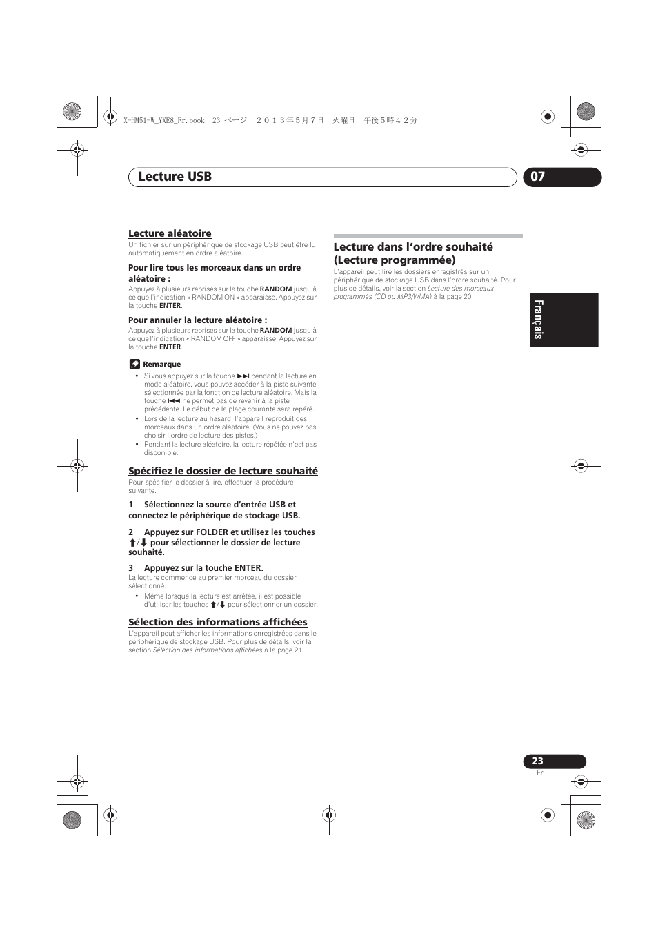 Lecture aléatoire, Spécifiez le dossier de lecture souhaité, Sélection des informations affichées | Lecture dans l’ordre souhaité (lecture, Programmée), Lecture usb 07 | Pioneer X-HM51-W User Manual | Page 59 / 220