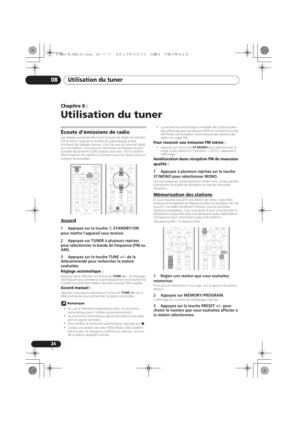 08 utilisation du tuner, Écoute d’émissions de radio, Accord | Mémorisation des stations, Utilisation du tuner, Utilisation du tuner 08, Chapitre 8, Accord manuel, Pour recevoir une émission fm stéréo, 1réglez une station que vous souhaitez mémoriser | Pioneer X-HM51-W User Manual | Page 60 / 220