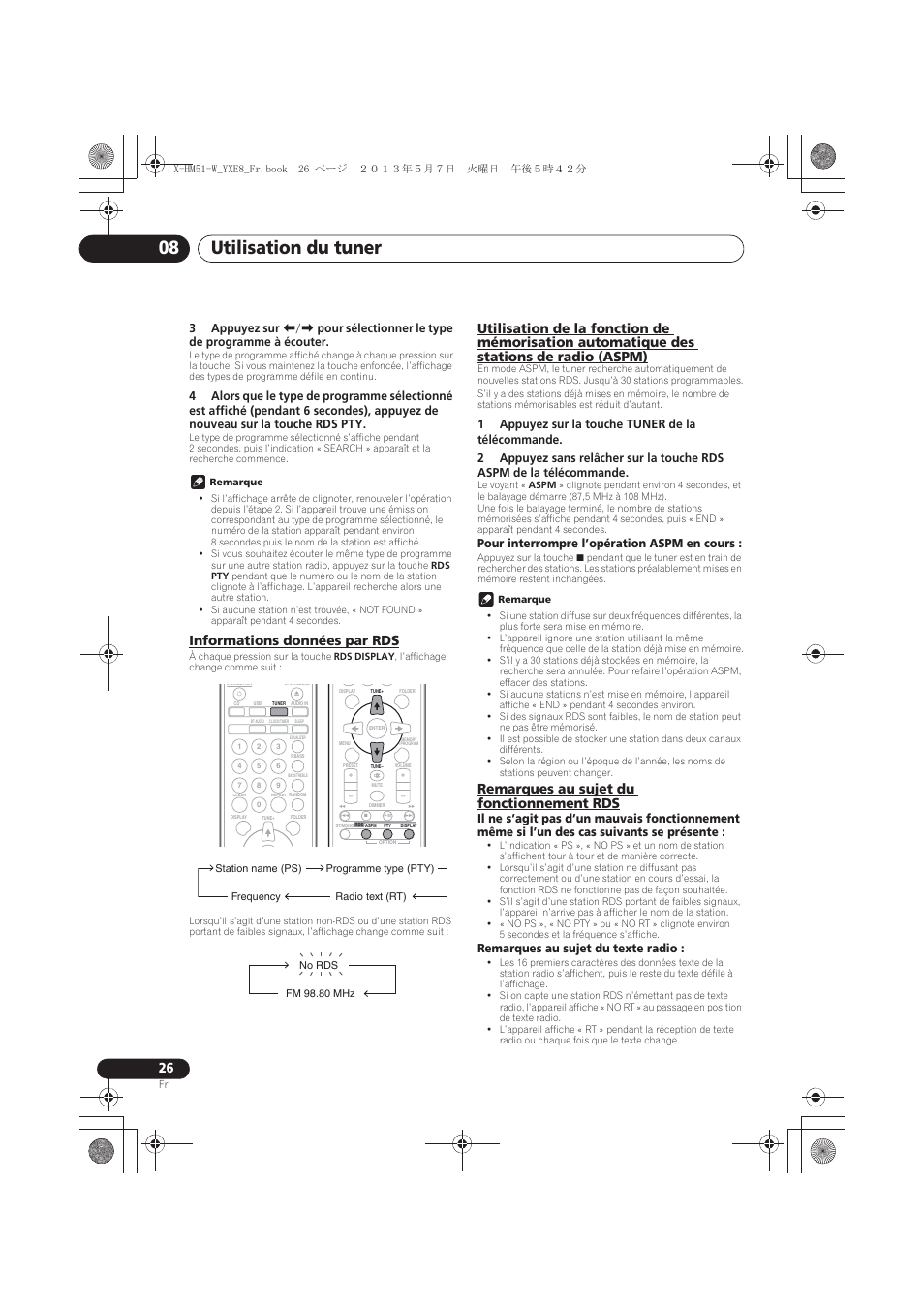 Informations données par rds, Des stations de radio (aspm), Remarques au sujet du fonctionnement rds | Utilisation du tuner 08 | Pioneer X-HM51-W User Manual | Page 62 / 220