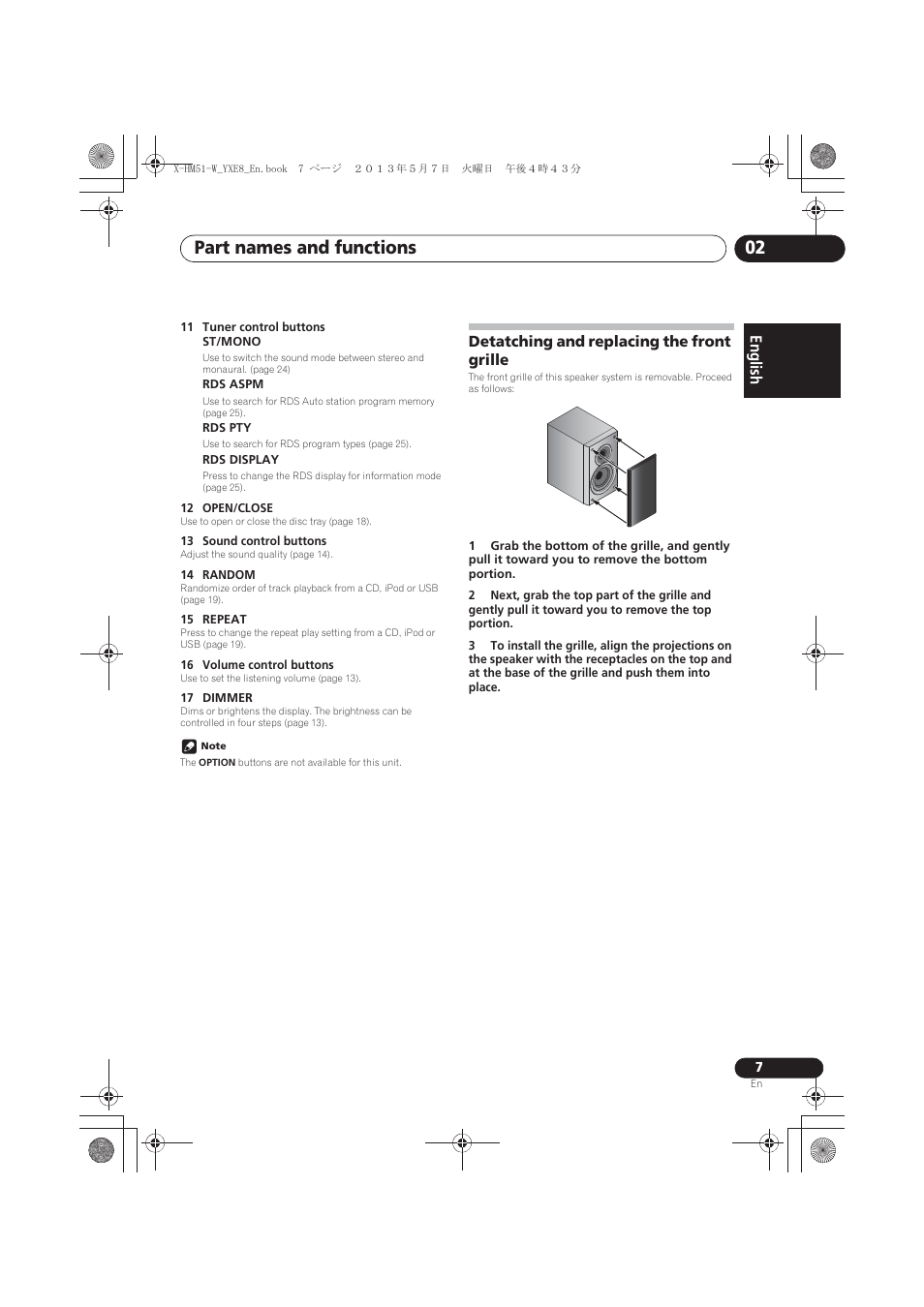 Detatching and replacing the front grille, Part names and functions 02, English français español | Pioneer X-HM51-W User Manual | Page 7 / 220