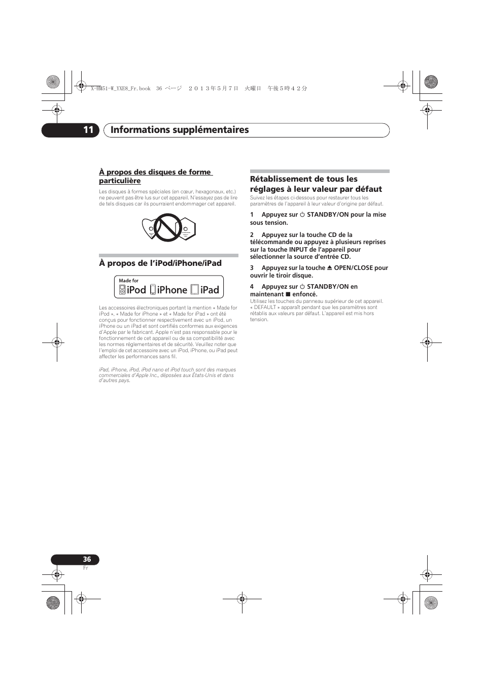 À propos des disques de forme particulière, À propos de l’ipod/iphone/ipad, Défaut | Informations supplémentaires 11 | Pioneer X-HM51-W User Manual | Page 72 / 220