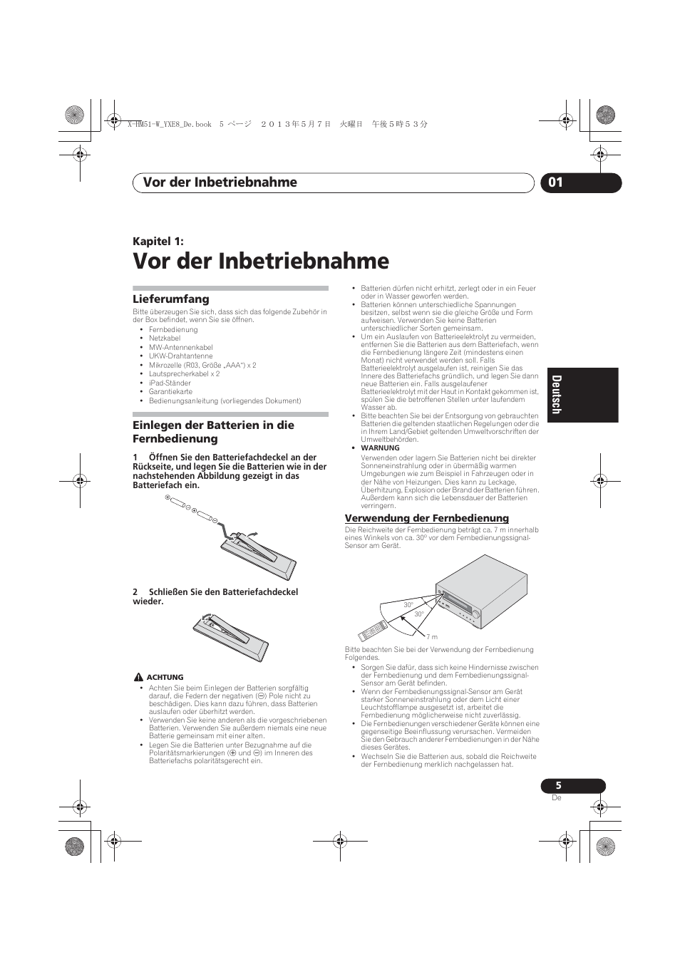 01 vor der inbetriebnahme, Lieferumfang, Einlegen der batterien in die fernbedienung | Verwendung der fernbedienung, Vor der inbetriebnahme, Vor der inbetriebnahme 01, Kapitel 1 | Pioneer X-HM51-W User Manual | Page 77 / 220